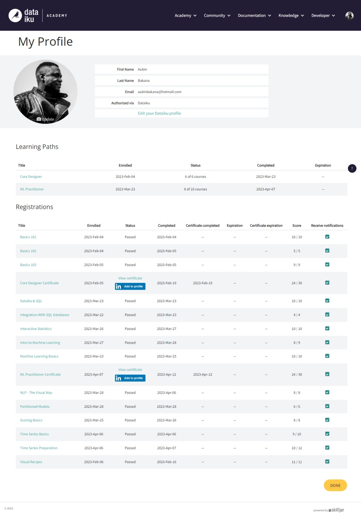 Dataiku AcademyProfile Screenshot