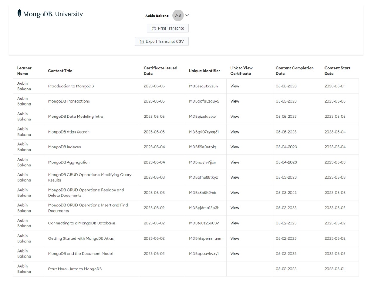 MongoDB University Screenshot